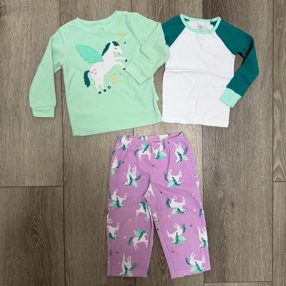 CARTERS 3PC FLEECE LONG SLEEVE TOP AND PANTS PAJAMA SET UNICORN 2T